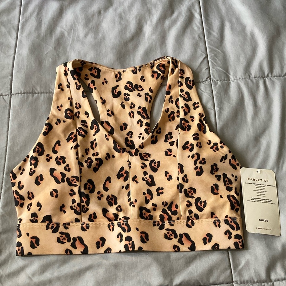 Fabletics Leopard Print Sports Bra in Tan and Black
